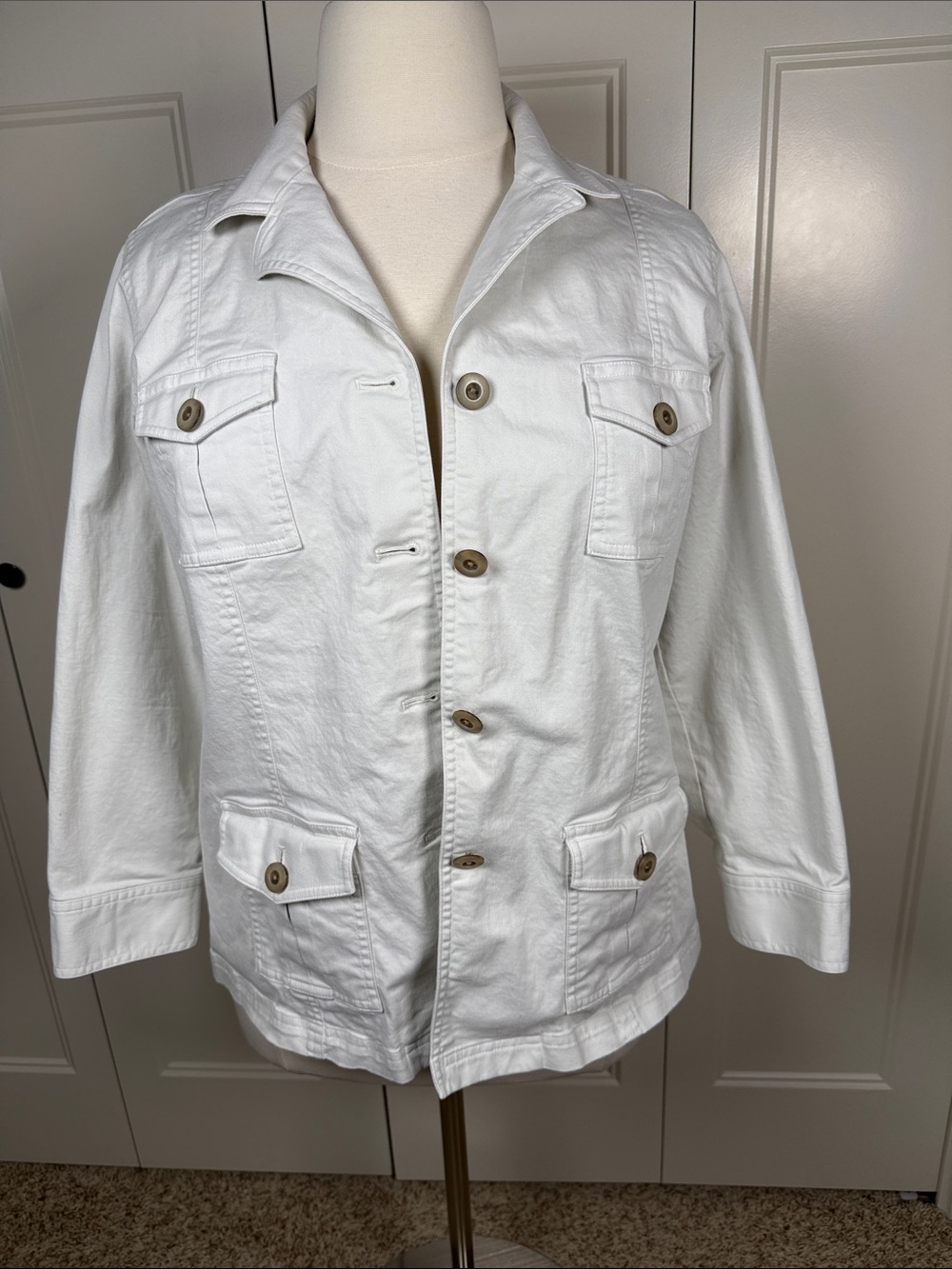 Talbots Cream Button-Front Cotton Blend Stretch Jacket with Patch Pockets 14W
